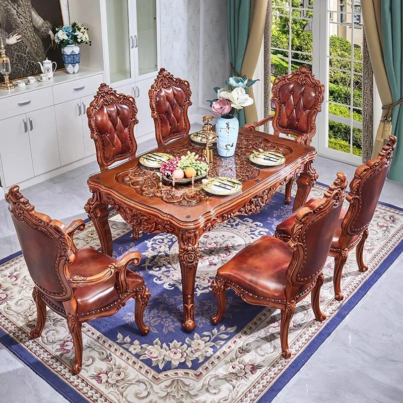 Wholesale/Supplier European Classic Red Wood Home Dining Table Leather Cushion Chair Set