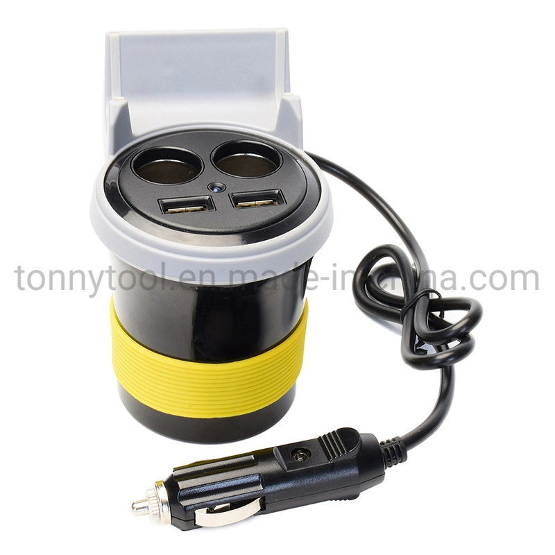 Car Charger, Cigarette Lighter Adapter with 2-Socket Outlet, Dual USB 5V 3.1A, Cup Holder, Digital Display Screen