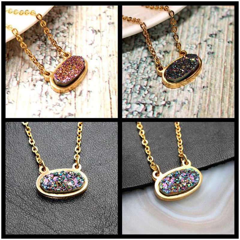 Crystal Inlaid Titanium Steel Gold-Plated Necklace Oval Colorful Double Hook Natural Crystal Necklace