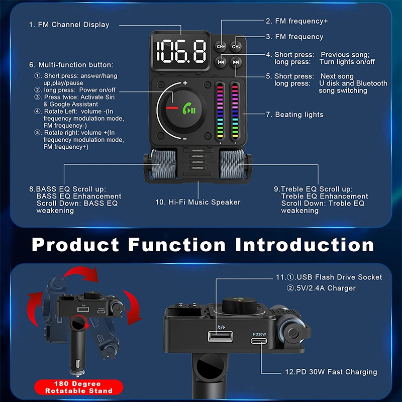 Bluetooth Car Adapter Bluetooth 5.3 FM Transmitter, Pd 30W Type C Fast Charge & USB Port, HiFi Treble & Bass Player, Color Screen & Music Light Bar