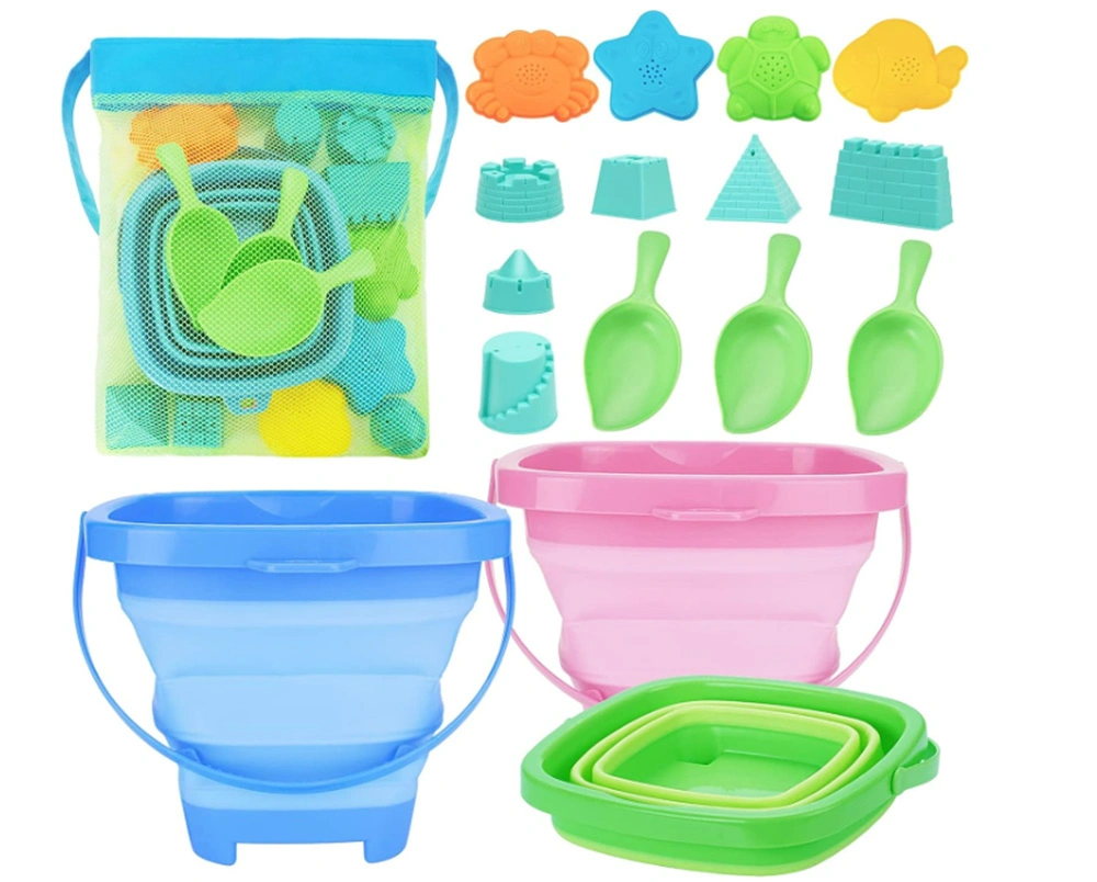 Collapsible Foldable Beach Buckets Beach Toys with Mesh Bag & Sand Molds