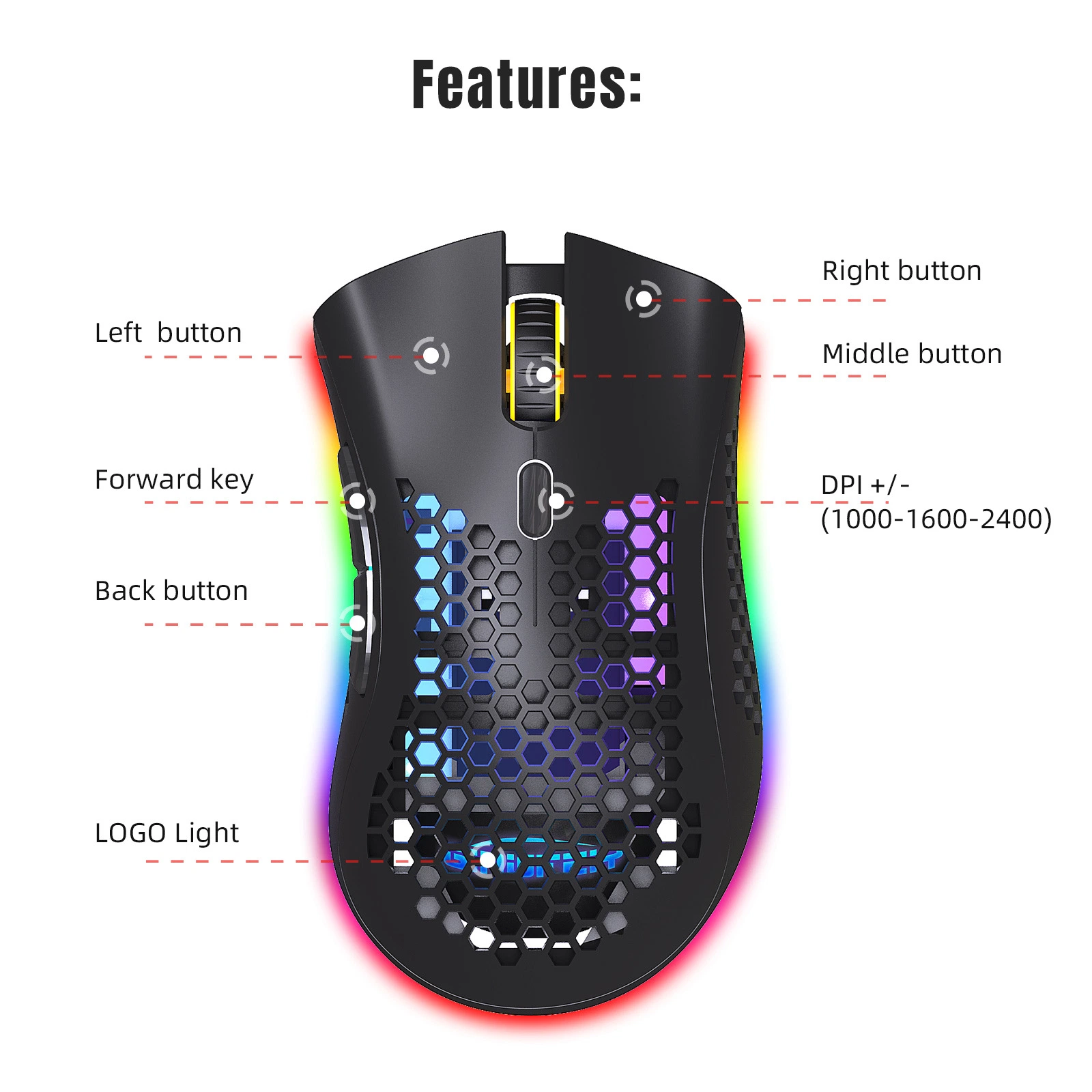 2.4 GHz Hollow Rechargeable Game Mouse Wireless Charging RGB Glow Hole Mouse Gift for Desktop and Laptop Computers