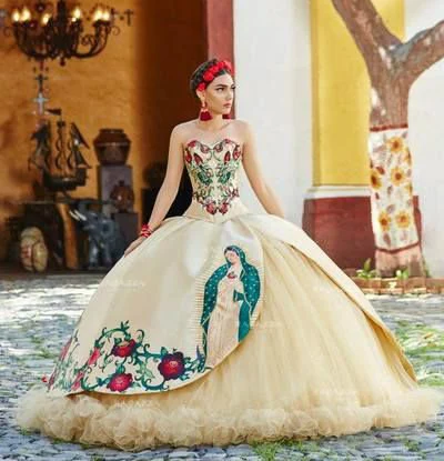 Embroidery Sweetheart Ball Gown Virgin Mary 15-16 Years Quinceanera Dress Ld15215