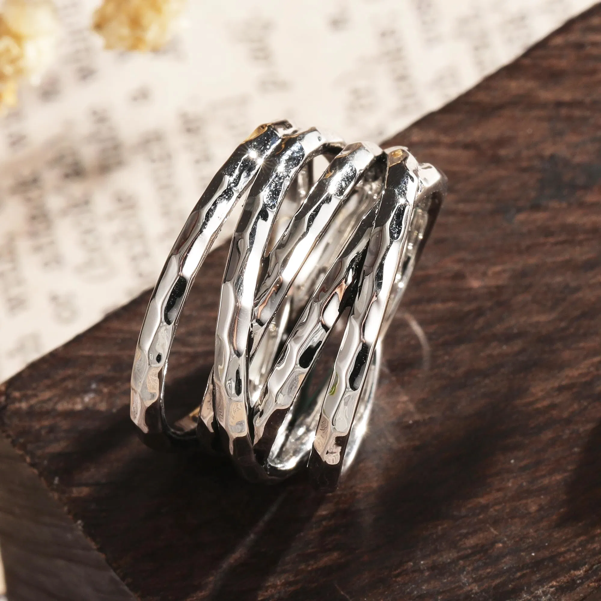 Women Hammer Design Brass Rhodium Plated Crisscross Overlapping Rings