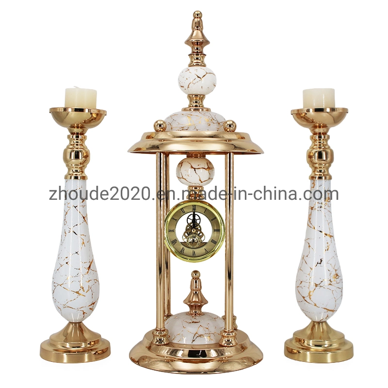 European Style Gold Plated Glass Tealight Candle Stand Holder with Pagoda Top Metal Clock for Weddings Centerpieces