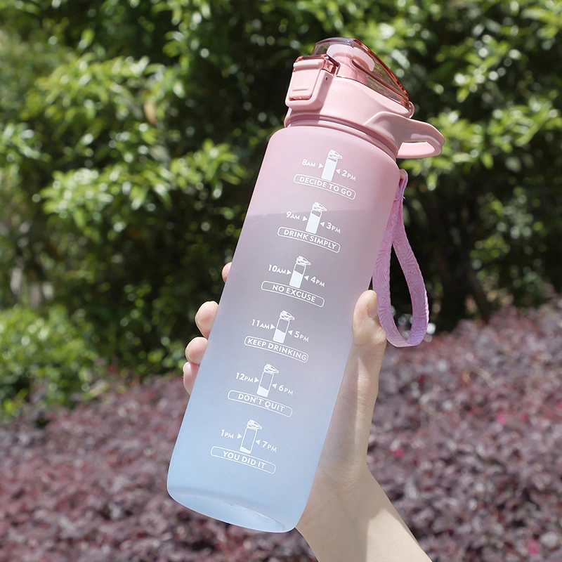 Graduated Plastic Color Coating Large Water Bottle with Motivational Time Marker with Straw