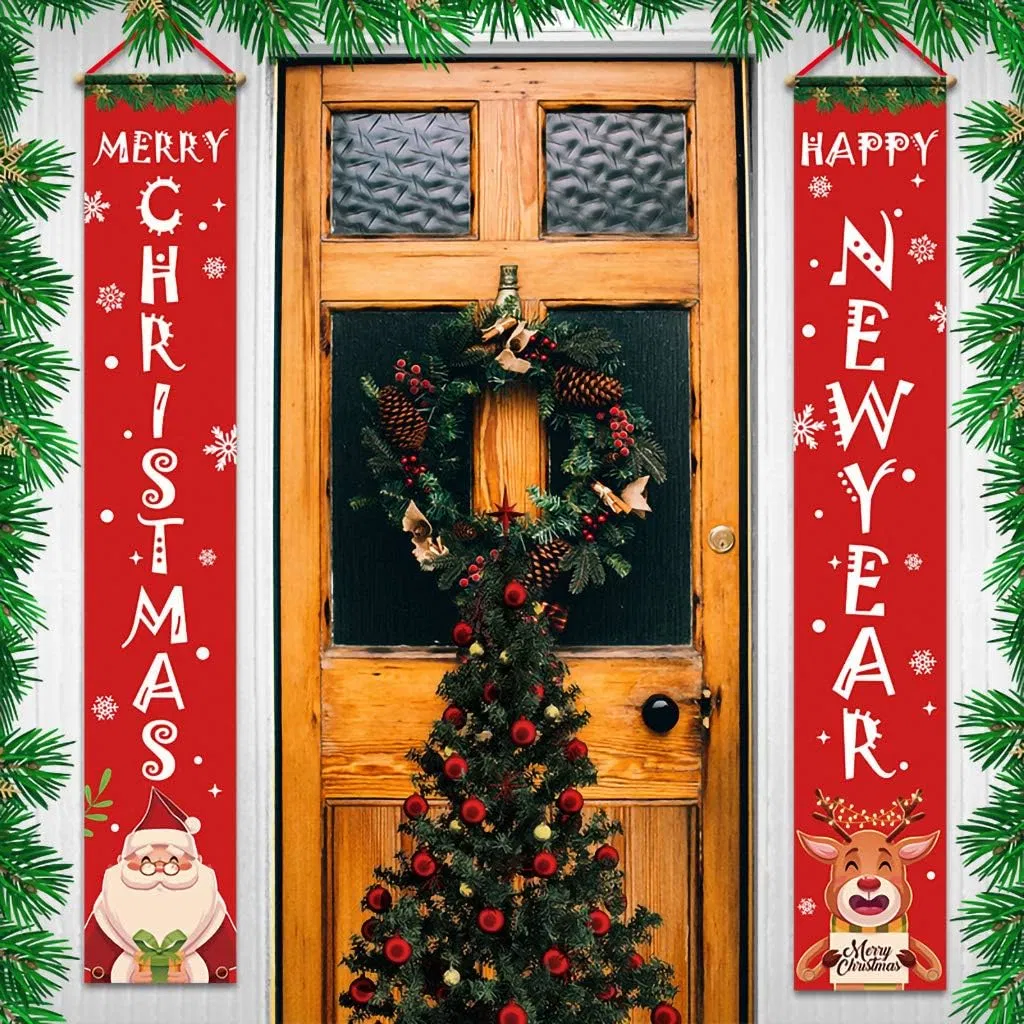 Merry Christmas Hanging Banner Porch Sign with Pattern Christmas Tree Presents Snow Banner for Home Yard Indoor Outdoor Wall Door Party Decorations