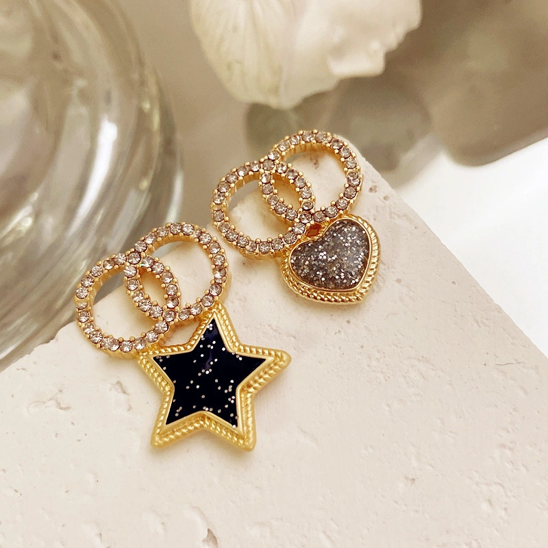 Fashion Small Fragrant Style Classic Rhinestone Black Star Love Earrings Jewelry