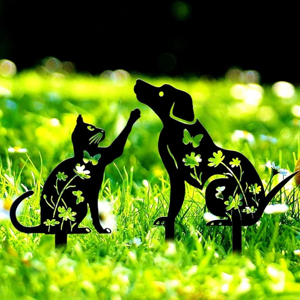 Décoration de jardin en métal statues de chiens de chats, 16.8 po piquets décoratifs de jardin pour chiens de Silhouette de chat noir, décorations extérieures statues de jardin piquets pour yard