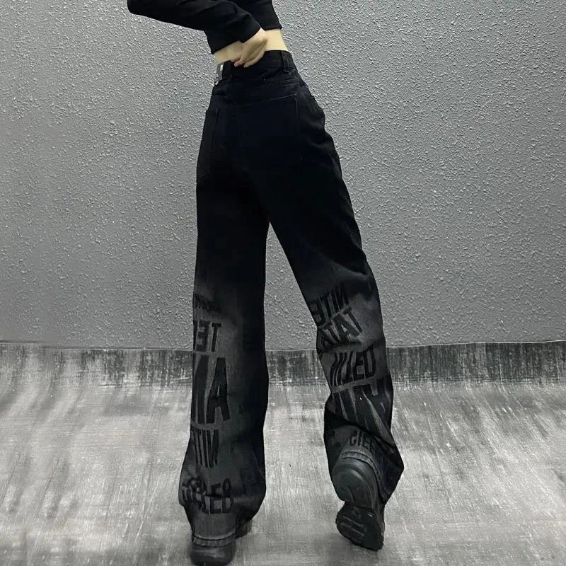 L'automne nouvelle lettre de la personnalité de marque de marée imprimé les femmes jeans taille haute lâches montrent tout l'échelle fine jambe droite de la jambe Mop pantalons (CFJPFM-021)