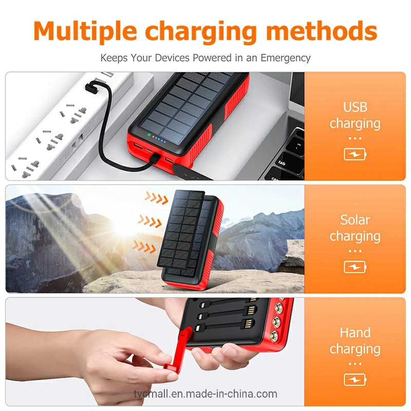 Sy-618 Hand Crank 20000mAh Dual USB Solar Power Bank Phone External Battery with Detachable Lightning / Type-C / Micro Cable - Red