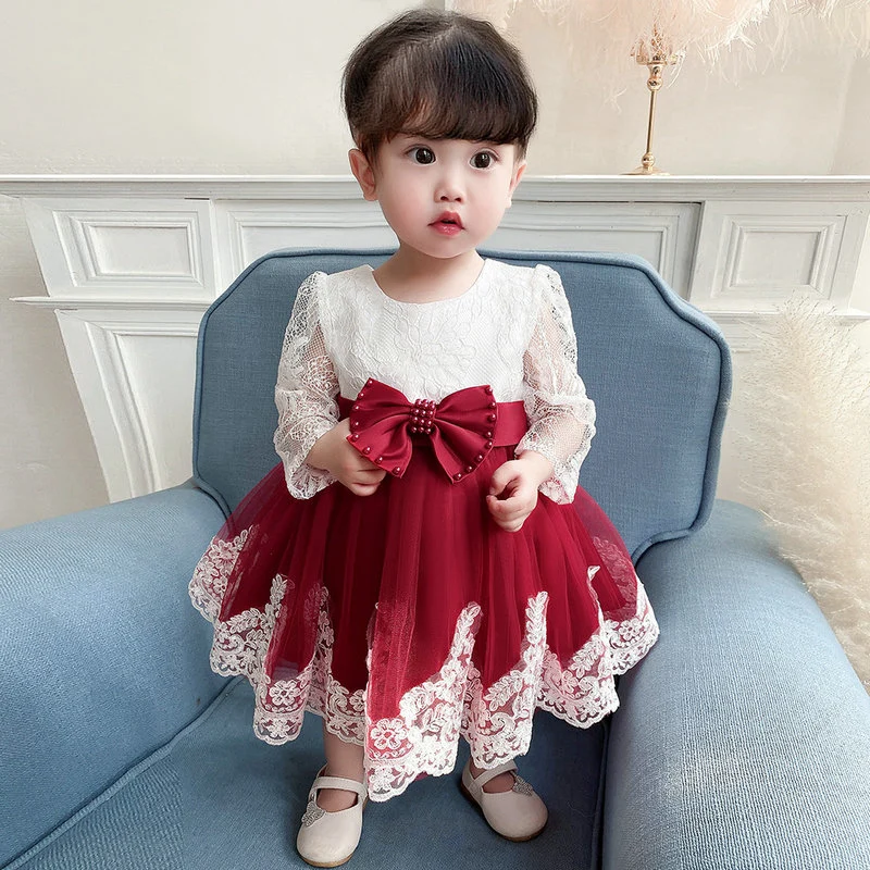 Long Sleeve Lace Stitching Bow Girl Dress Skirt Wedding Evening Dress