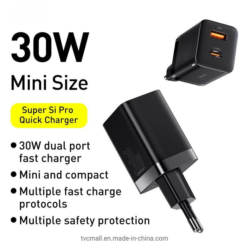 Baseus Super Si PRO Quick Charger Type-C + USB Dual Port Charging Adapter 30W - EU Plug/Black