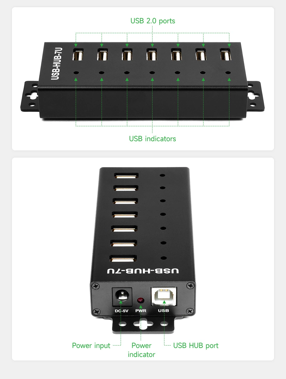 Concentrateur USB de qualité industrielle, extension de 7 ports USB 2.0