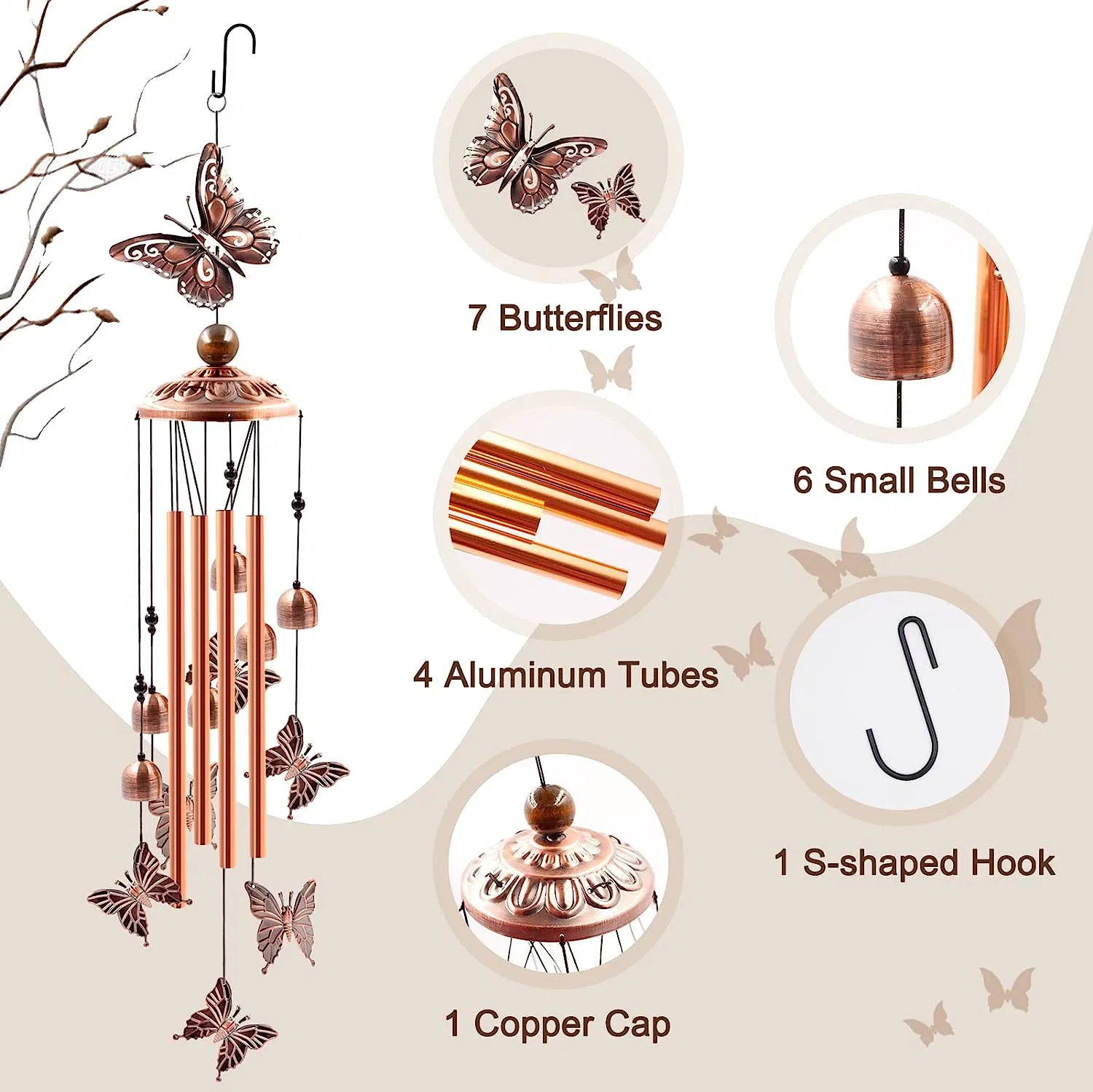 Decoración del Hogar chimeneas de viento liquidación al aire libre, Mariposas tubo de aluminio Windchime con gancho S, decoración de jardín de patio, Regalo de armado de casa.