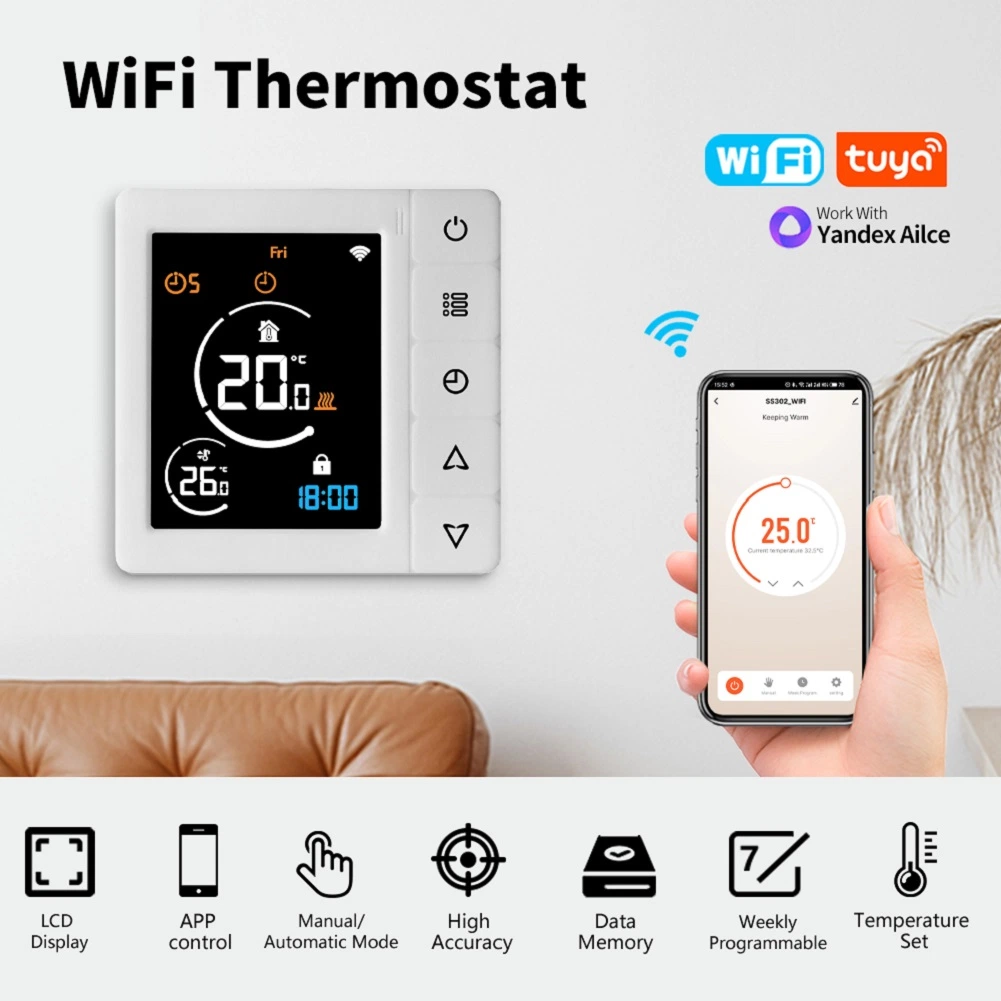 تدفئة الترموستات Smart Home WiFi تدفئة ترموستات شاشة LED كبيرة التحكم الصوتي بواسطة Tuya Alexa، وهو رقمي أسبوعي قابل للبرمجة