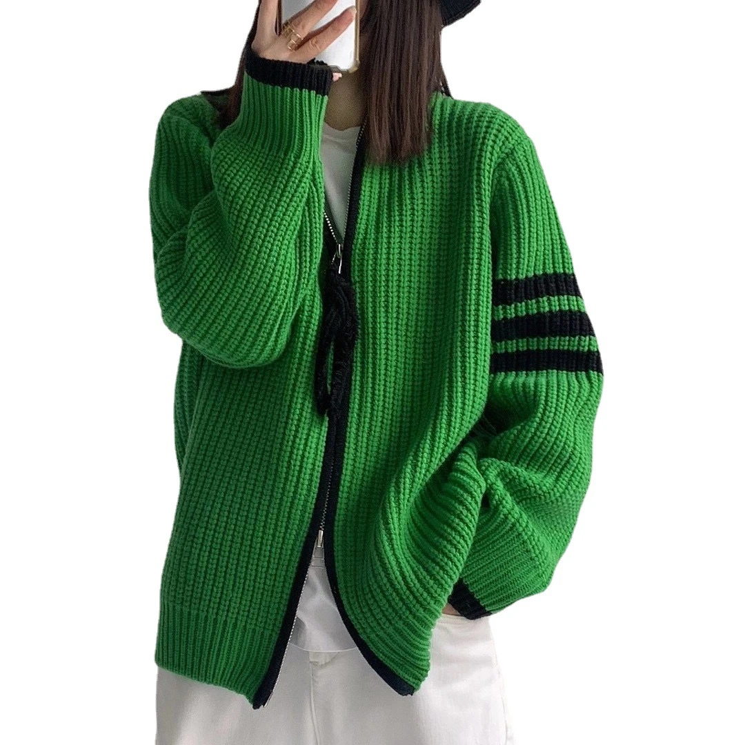 Double Zipper Knitted Coat Female 2023 Contrasting Color Stripe Stitching Loose and Thin Stand-up Collar Knitted Cardigan Outside to Put on Top