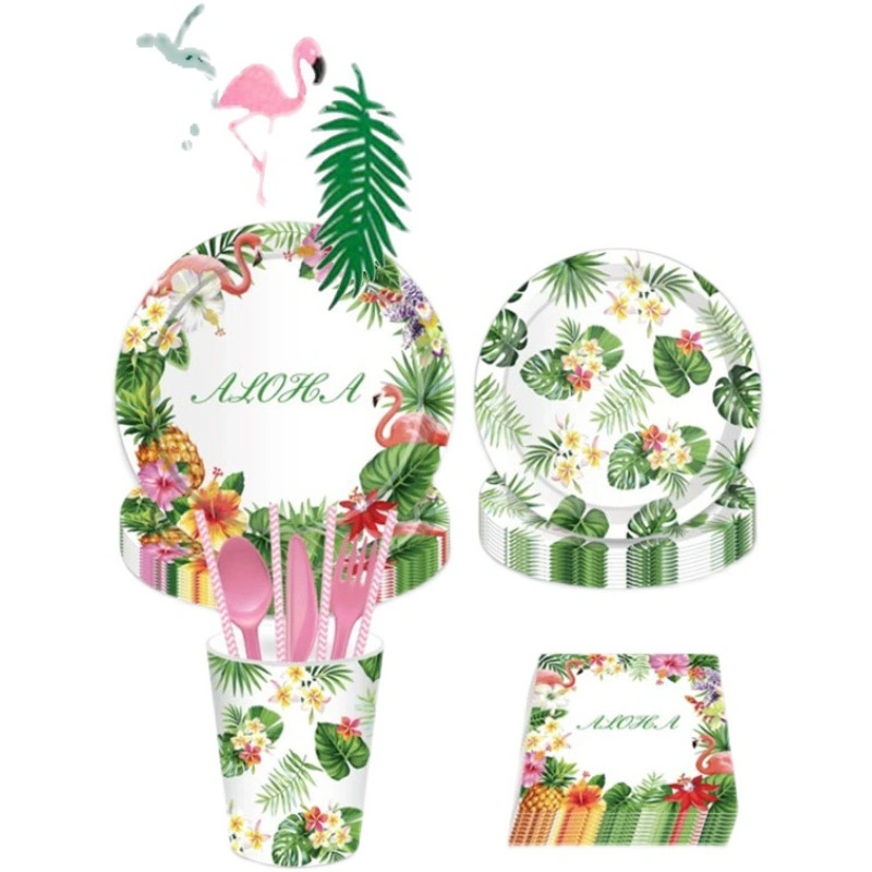 Party Decoration Hawaiian Flamingo Birthday Outdoor Paper Tablecover Glasses Party Tableware Set