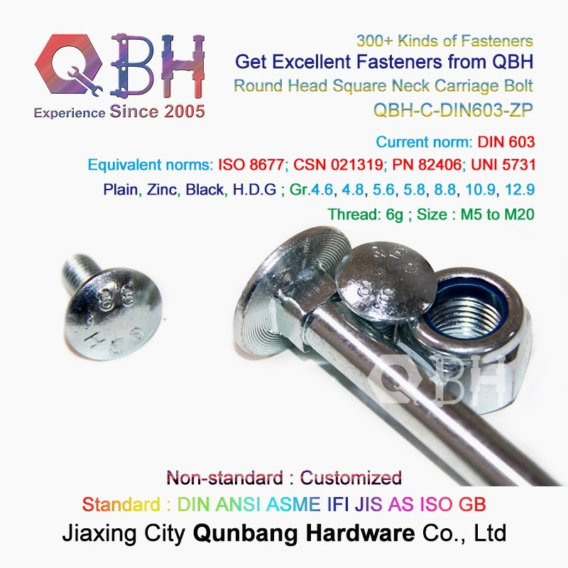 Qbh Standard DIN 603 ISO 8677 Csn 021319 Pn 82406 Uni 5731 Plain Zinc Black HDG Mushroom Round Head Square Neck Carriage Bolt