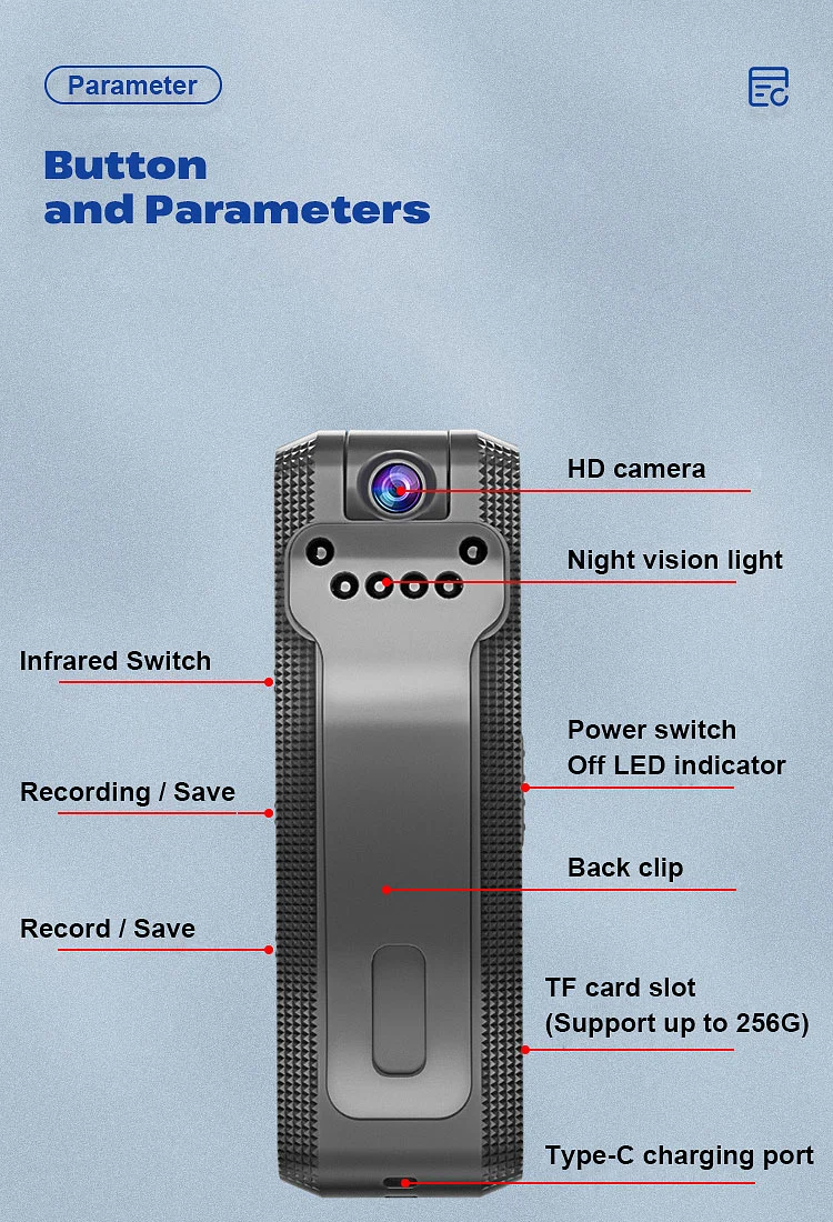 Mini Video Recorder Cámara deportiva Anti-Shake Deportes Back-Clip Infrarrojo Noche Visión 1080p