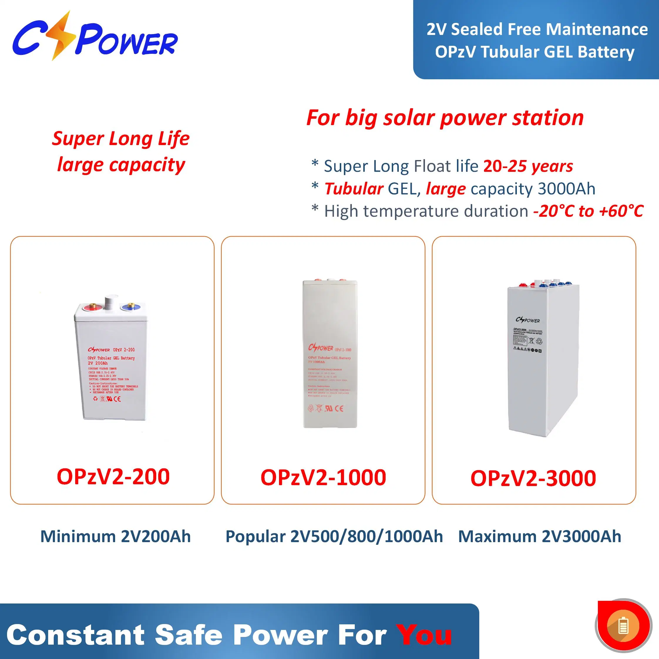 Cspower Deep-Cycle-Tubular-Gel-Solar-Batteries 2volt-3000ah/2500ah/2000ah/1000ah Opzv Battery/Energy-Storage-Solar-Panel Battery for Goverbment Projects/Csg