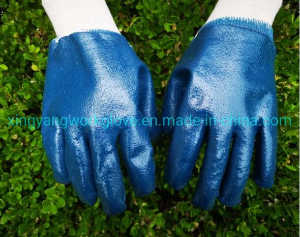 Jersey Cotton Liner Heavy Duty Fullly Blue Nitrile Coated Smooth Finish Knit Wrist Safety Industrial Work Glove