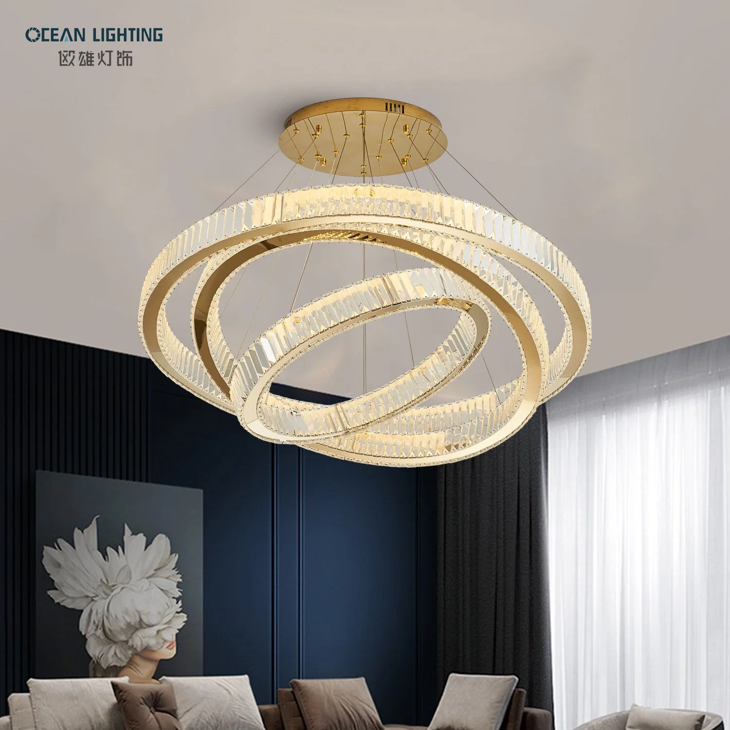 Luz colgante de cristal LED grande en forma de círculo, contemporánea, de lujo y moderna para decoración interior con iluminación oceánica