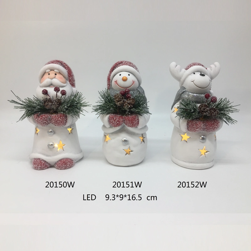 Santa &Snowman Christmas Assortment Lighting Decoration in 2 Colors, Ceramic Festival Crafts with Berry Leaf