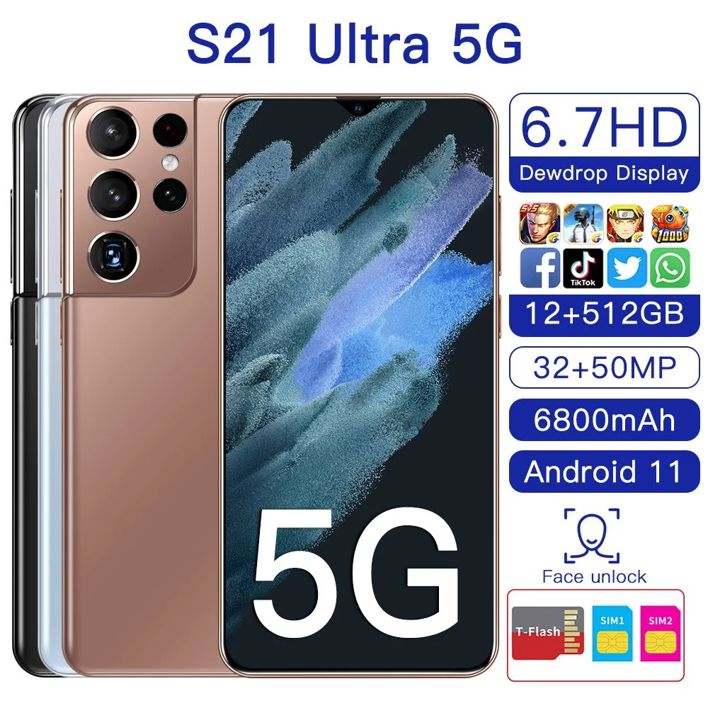 Versão Global por Atacado do Smartphone S21 Ultra 4G/5G Android 6.7 Polegadas HD 16GB+512GB.