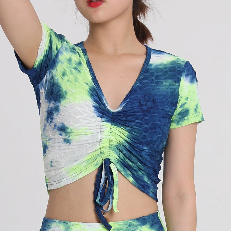 Yoga Shirt Tie-Dye Color Women Crop Tops Short Sleeve Yoga Wear