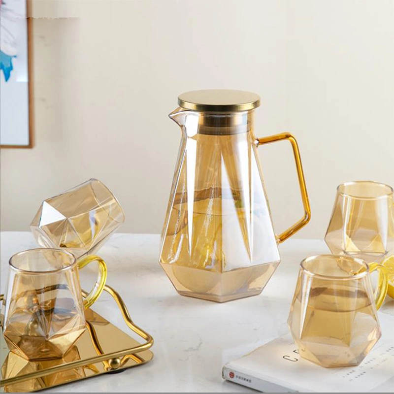 Custom 1.5L Hand Blown Plating Amber Color Borosilicate Diamond Water Jug Coffee Kettle Glass Pitcher Set with Stainless Steel Lid