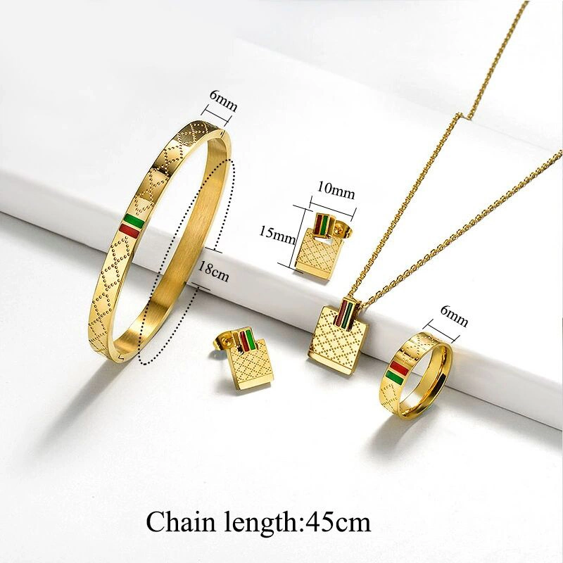 Wholesale/Supplier Luxury Ladies Golden Stainless Steel Necklace Rings Bracelet Fashion Jewelry Set