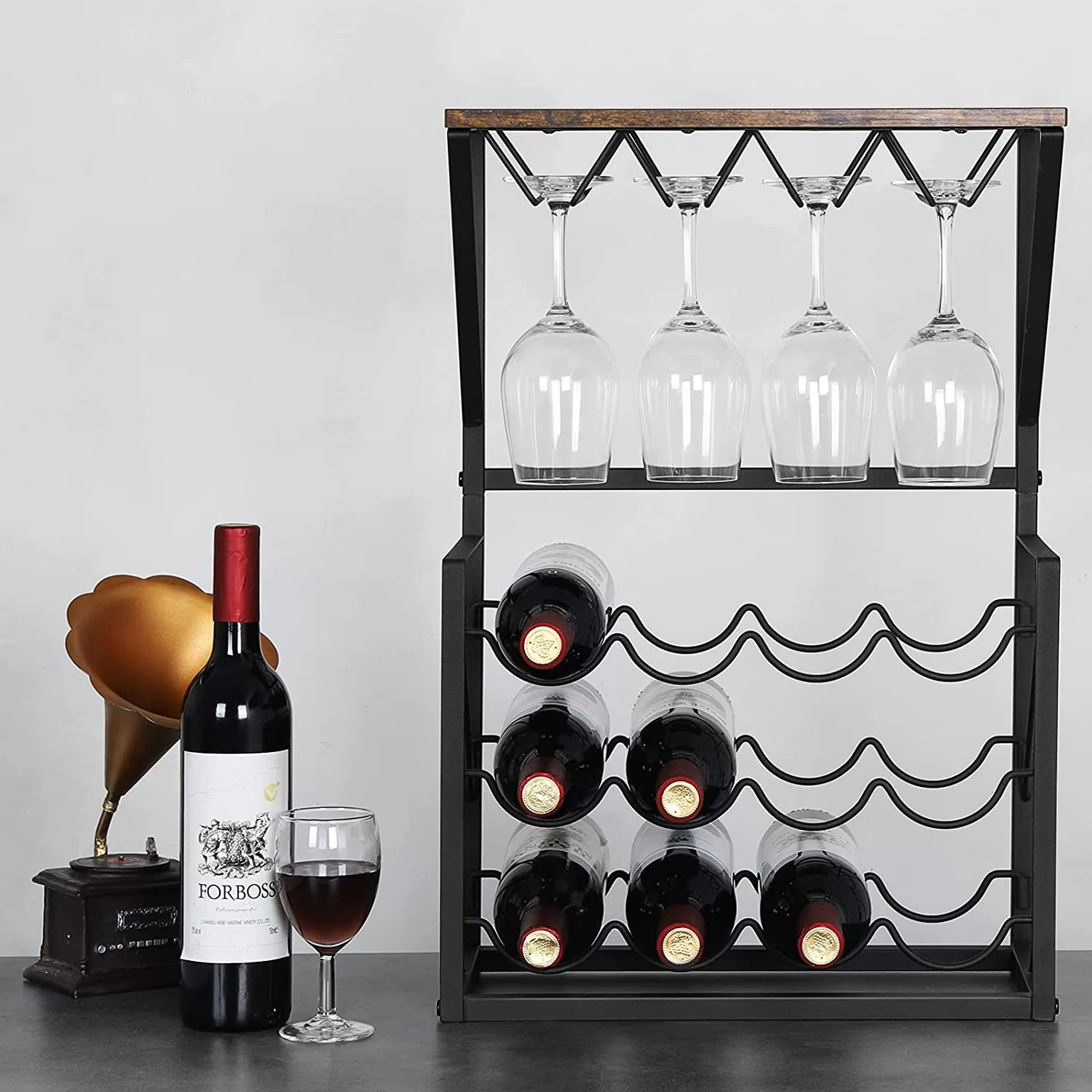 HS115 Autoestable estante de vino 12 botellas de vino, titular de la bandeja de almacenamiento con Portagafas y vino de mesa, soporte de pantalla de inicio de la encimera de cocina (marrón).