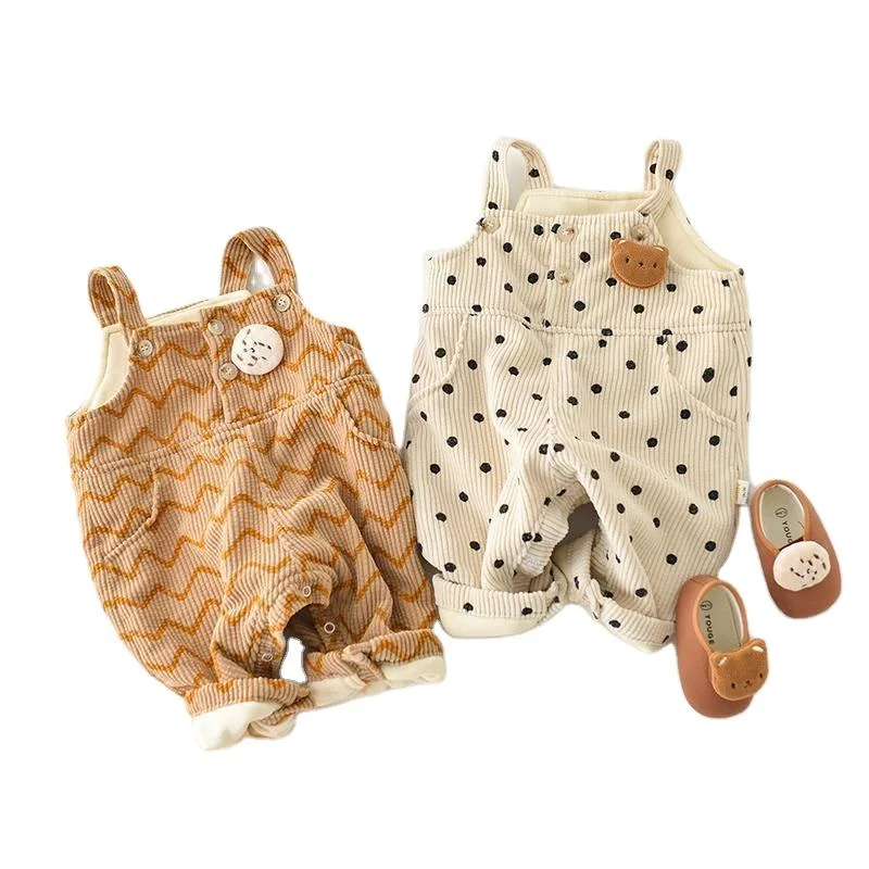 Autumn and Winter Padded Baby Carrier Pants Polka DOT Striped Corduroy Pants Can Open Crotch Baby Child Clothes Set