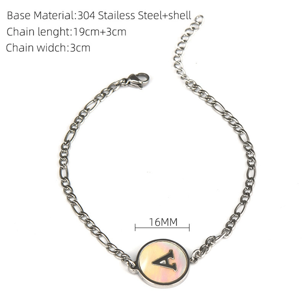 Fashion Stainless Steel Initials Bracelet Round Colorful Shell Pendant Jewellery Metal Coin Alphabet Letter Bracelets for Women