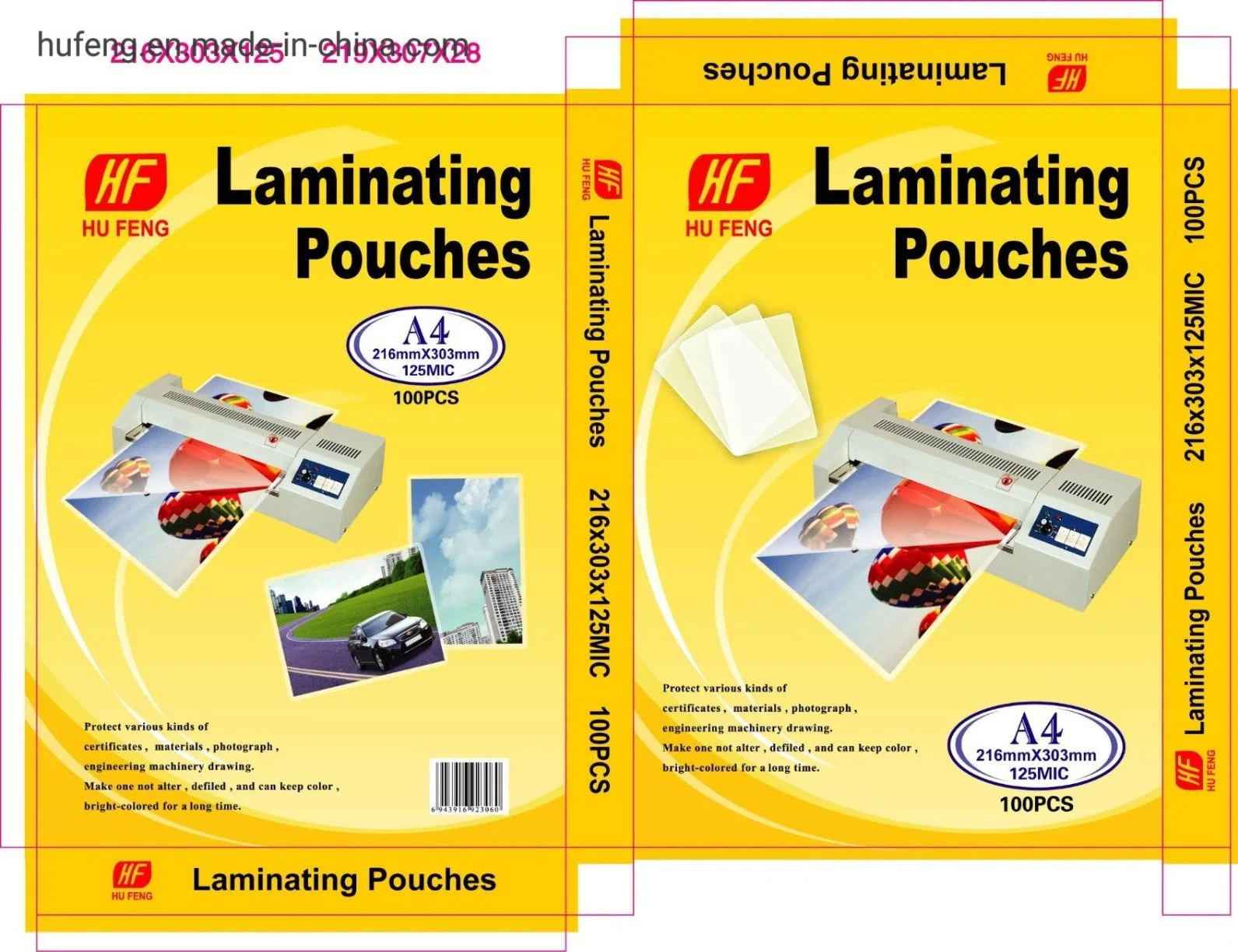 A4 A3 75mic 80mic 100mic 125mic 175mic 250mic HF Hufeng Master Lamination Pouch Film Paper Documents Lamination Laminator Laminator Laminator Laminator Hojas de película