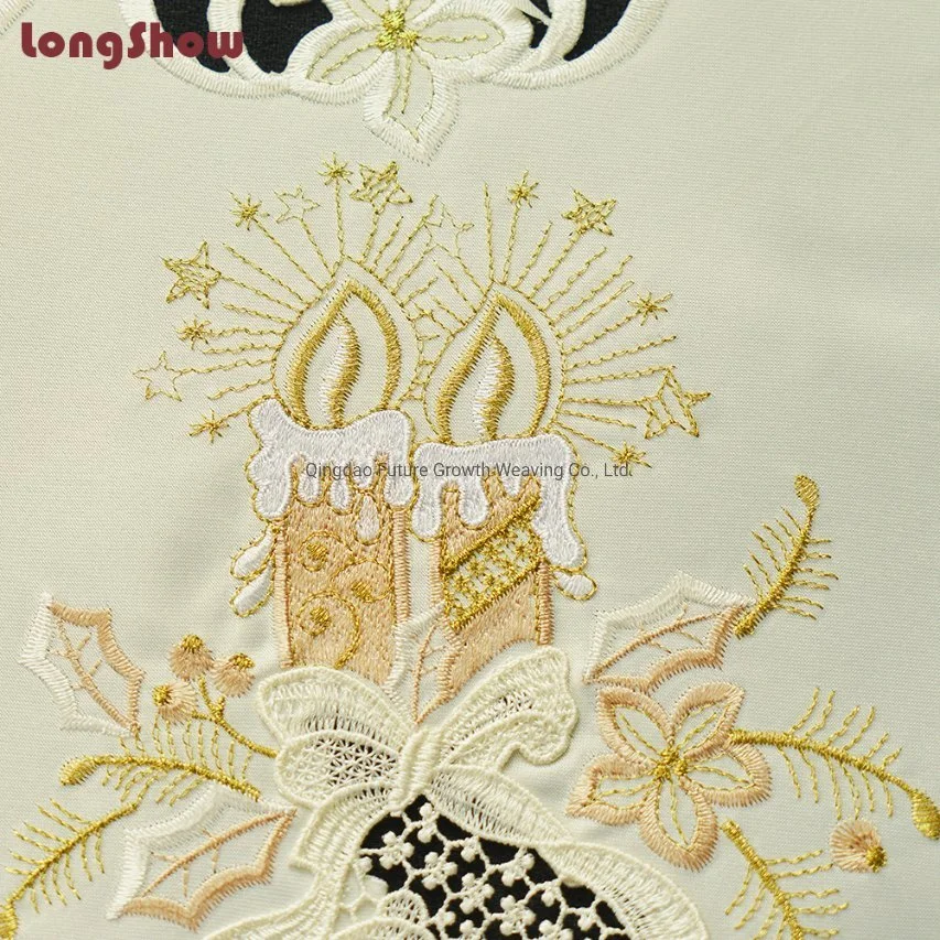 Round Gold Luxury Satin Fabric Christmas Table Cloth/Xmas Cutwork Embroidered Table Topper