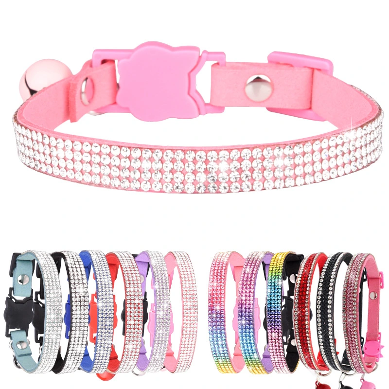 Fancy Design Shiny Rhinestones Decoration Bell Plasitc Buckle Pet Collar