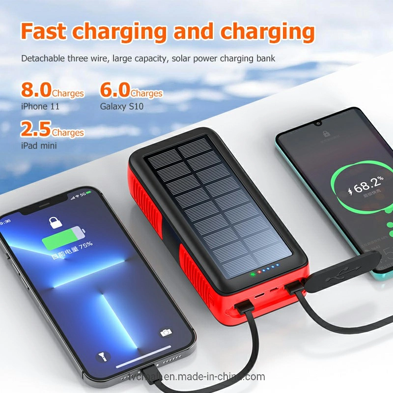 Sy-618 Hand Crank 20000mAh Dual USB Solar Power Bank Phone External Battery with Detachable Lightning / Type-C / Micro Cable - Red