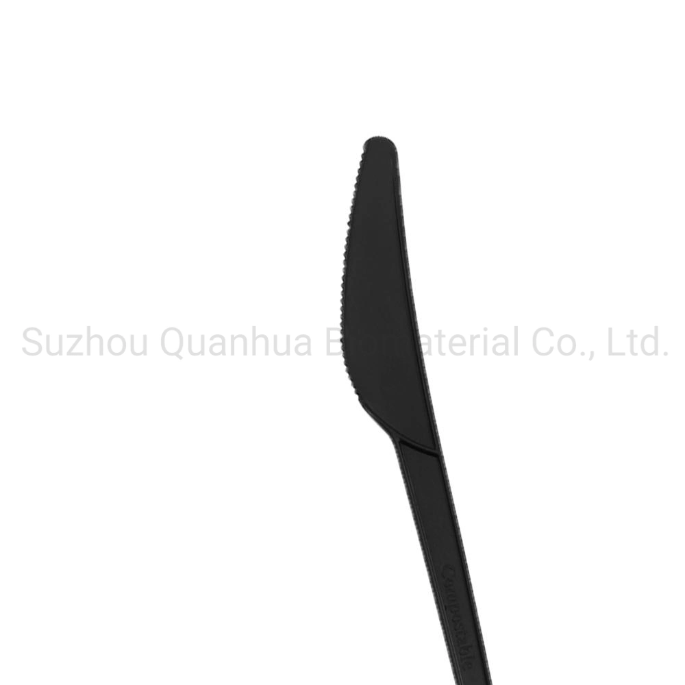 Free Sample 6 Inch Black Cpla Cutlery Set Biodegradable Disposable Eating Utensils