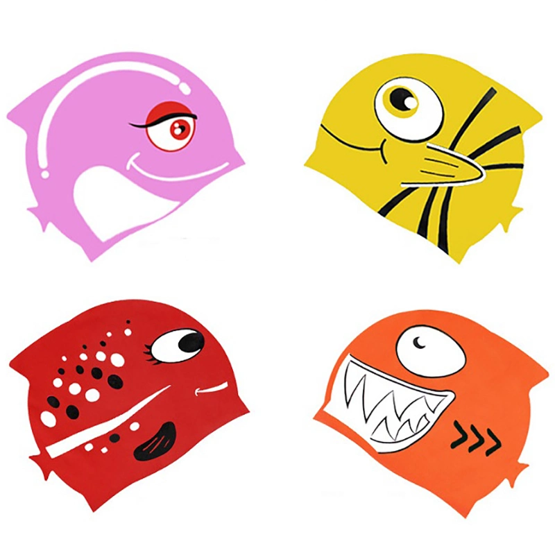 Unisex Cartoon Fisch Form Kinder Kinder Silikon Swim Caps Custom Gedruckt Logo Schwimmhut wasserdicht für Kinder Schwimmen