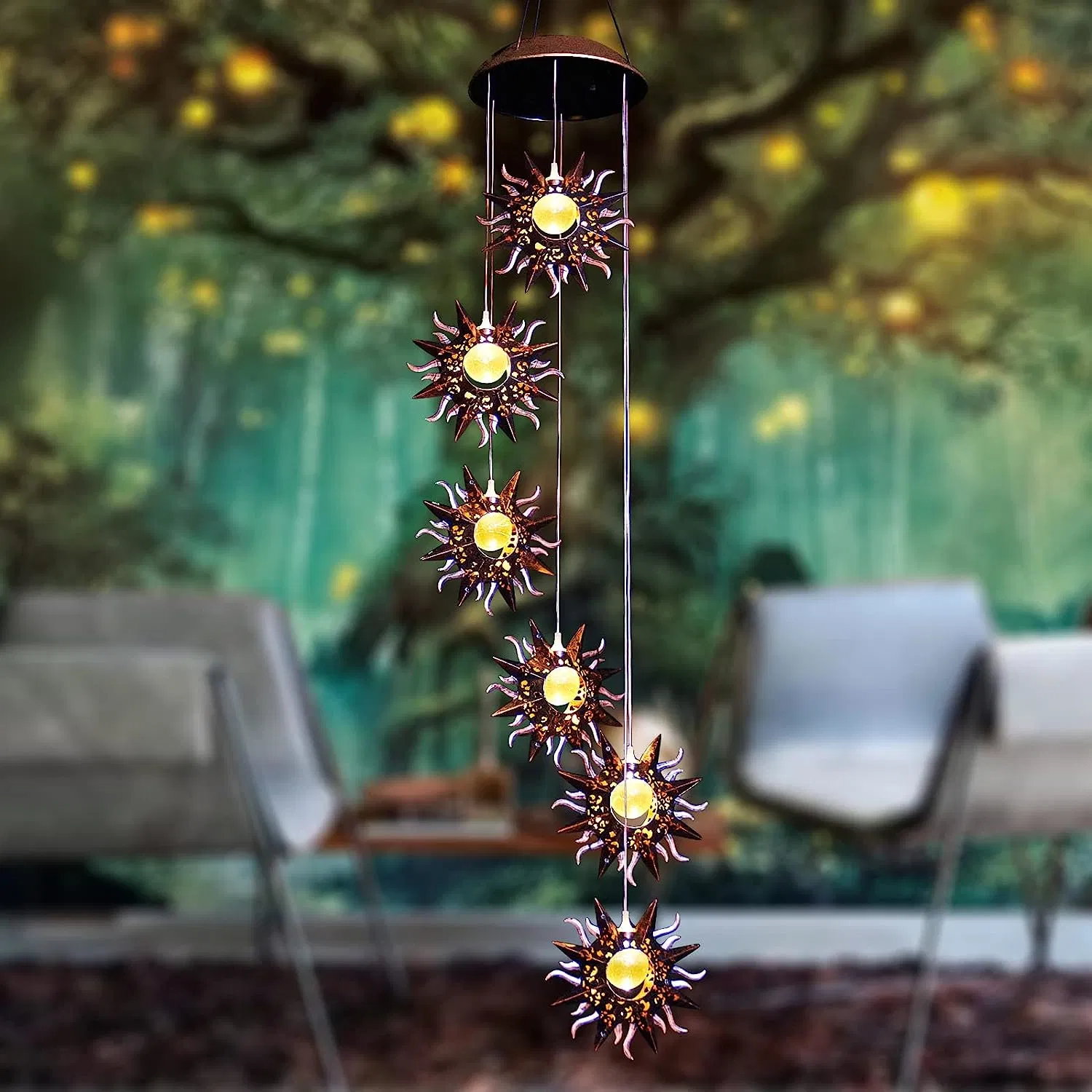 Outdoor Solar Lights Windchimes Waterproof Hanging Decorations Gifts for Garden Patio Birthday Thanksgiving Home Party Solar Moon Wind Chimes