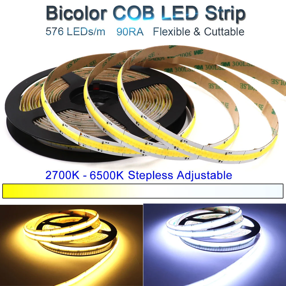 precio de fábrica 576LEDs/M DC24V COB luces de tira de color dual CCT 2700K-6500K flexible