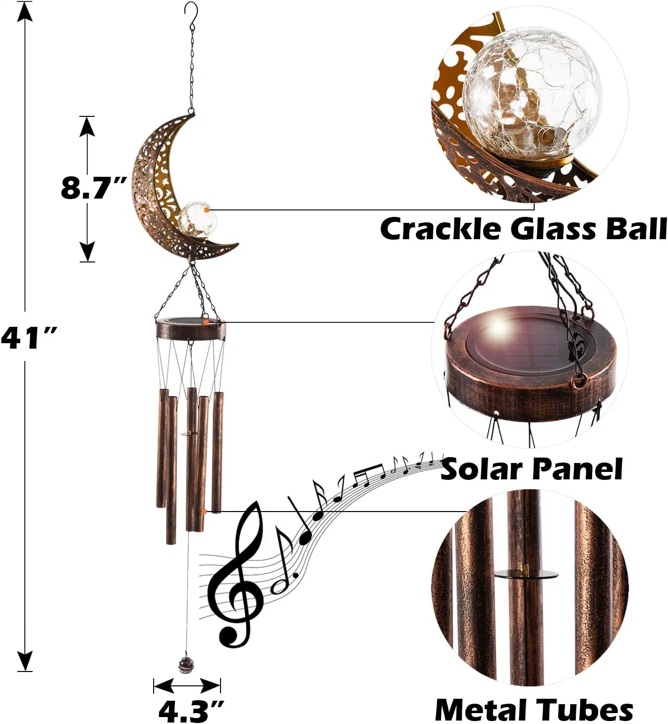 Solar Wind Chimes Home Decoration, Moon Wind Chime Crackle Glass Ball Warm LED Night Light, Unique Hanging Outdoor Decor with Metal Tubes Waterproof for Garden