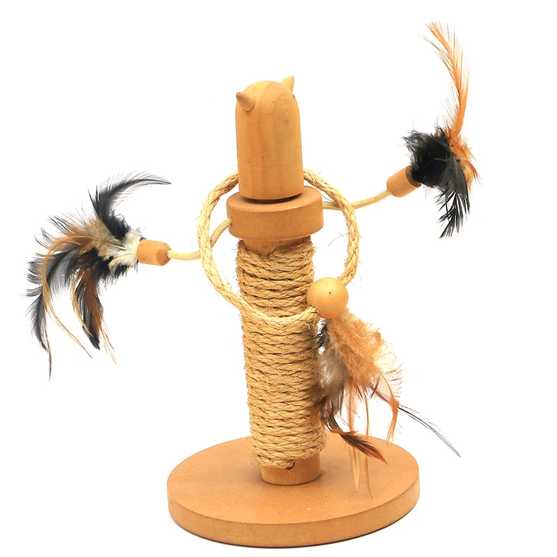 Aveco Handmade Standing Double Rope Toy Pile Wooden Cat Scratching Post Feather Funny Crafts with Cute Cat Face