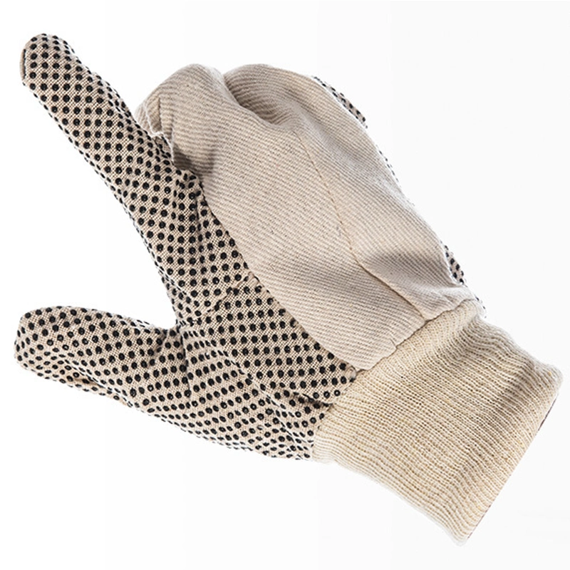 Beige Cotton Canvas Knit Protection Work Gloves with Black PVC Dots for Hand Grip, Painter Mechanic Gardening Glove for Men Women