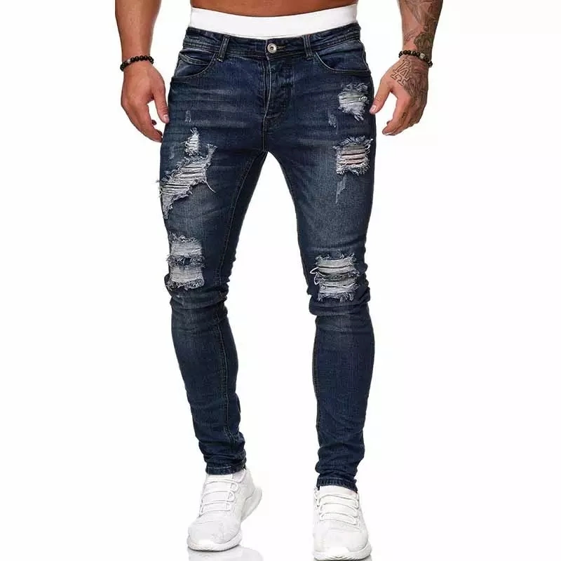 Directamente da fábrica por grosso Ripado Skinny Stretch calças de ganga homens Slim Jeans da