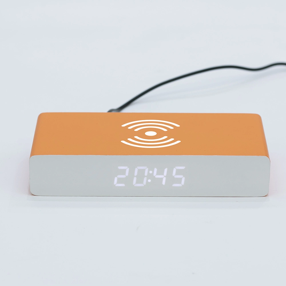 Business Gift Digital LED Alarm Clock Wood Phone Wireless Charger