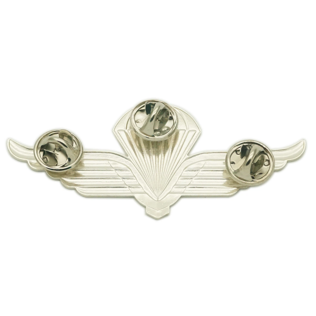 High quality/High cost performance  Wholesale/Supplier OEM and ODM Unique Silver Badge Personalized Vintage Brass Stamping 3D Metal Wings Pin