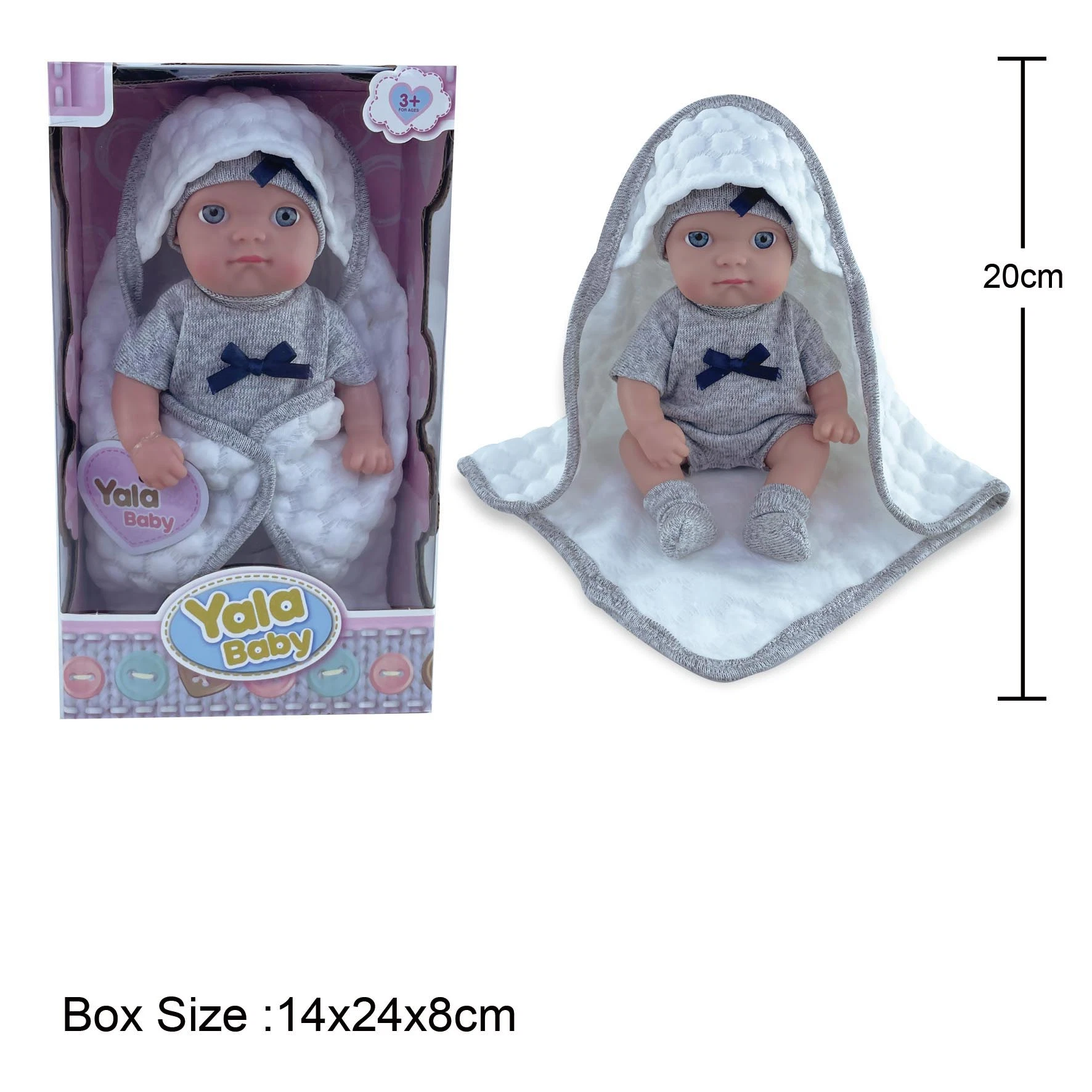 New 8" Good Quality Lovely Face Toddler Baby PVC Mini Doll with Fashion Fabric Blanket